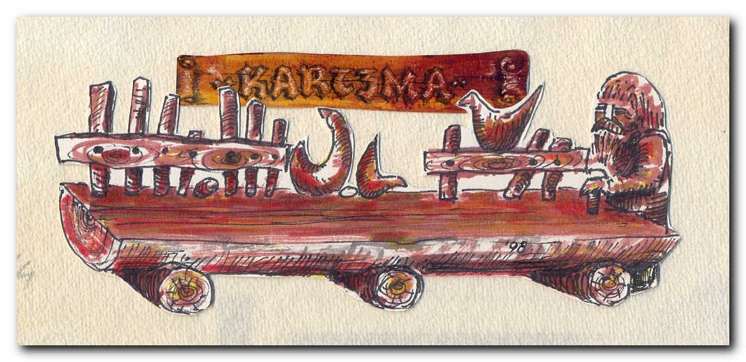 Ręcznie rysowany szkic na papierze przedstawiający rzeźbę plenerową w formie wozu z drewna z napisem 'I KARCZMA' i figurkami zwierząt, stylizowany na ludową twórczość.